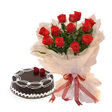 10 red roses in a Vase and 1 kg cake and card