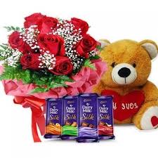 4 silk chocolates with 6 red roses bouquet and teddy bear 6 inch