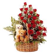 2 Teddies 24 red roses in same basket