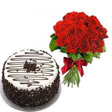 A Cappuccino Cake and 12 red roses bouquet